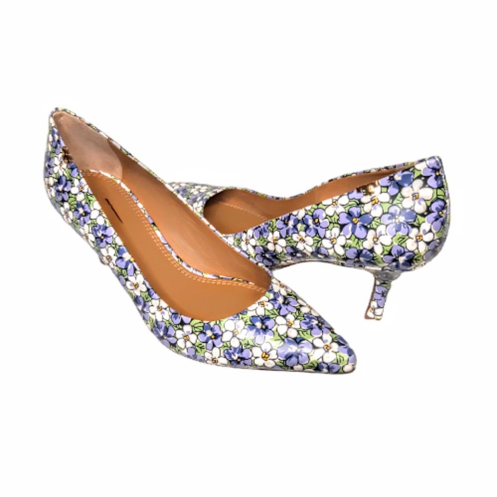 Tory Burch Penelope Terrace Ditsy Kitten Heel Pumps Floral Daisy Leather